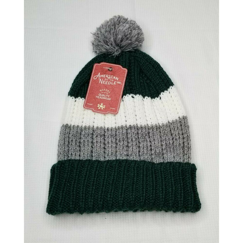 American Needle Beanie Hat Green Gray White Knit Pom Striped One Size